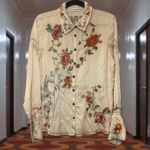 Johnny Was Women’s Silk Cream x Floral Embroidered Button Down Shirt